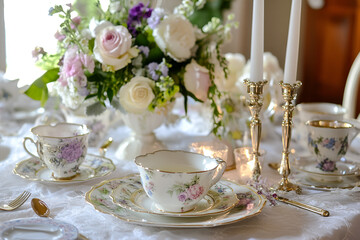 A beautifully arranged tea setting featuring delicate china and a floral centerpiece, perfect for a charming afternoon gathering or special occasion.