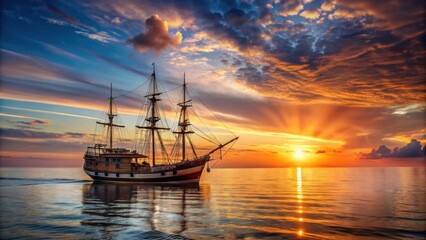 Fototapeta premium Old wooden ship sailing in the sea at sunset, sunset, ship, old, vintage, wooden, ocean, water, maritime, nautical, vessel, evening