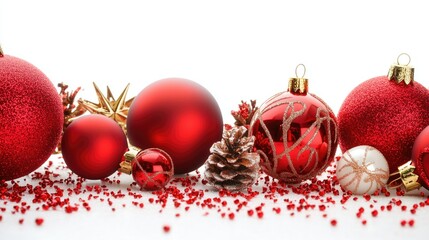 Red christmas baubles isolated on white background