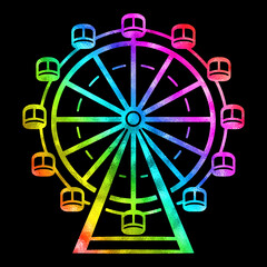 観覧車の虹色グラデーションのシルエットイラスト　黒背景の切り抜き