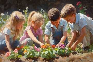 Fototapeta premium Students Planting Flowers in a Sunny School Garden