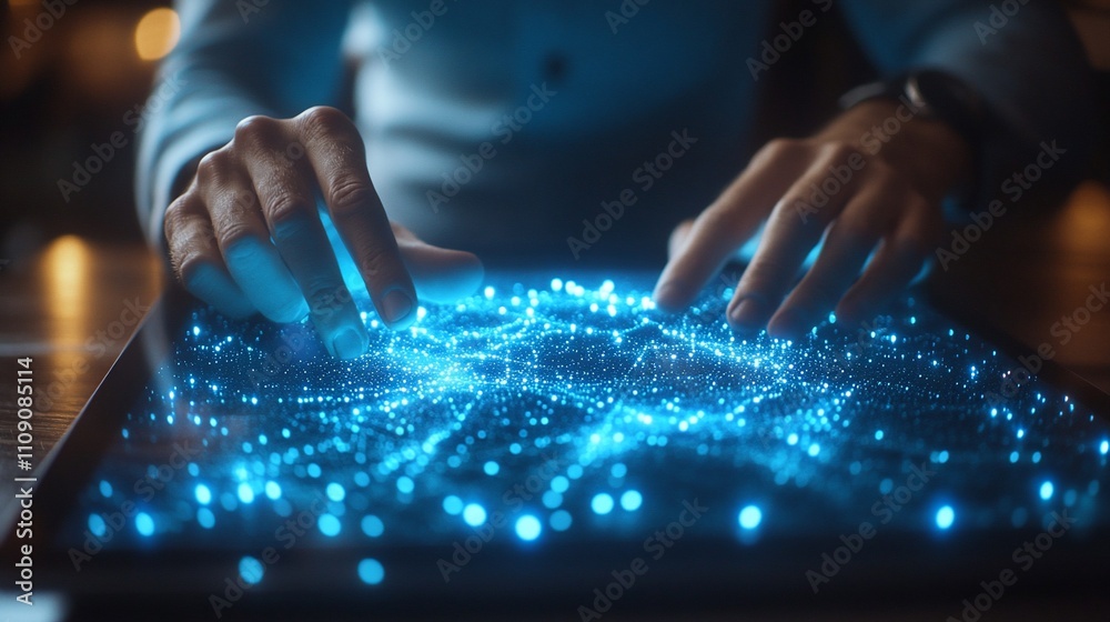 Aufkleber close-up of hands interacting with a glowing digital interface on a tablet.