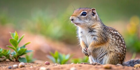 Obraz premium Speckled ground squirrel in natural habitat, spotted souslik, wildlife, rodent, cute, furry, animal, nature