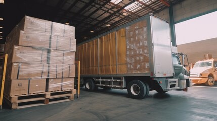 Semi-trailer Truck Loading Boxes in Warehouse