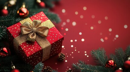 A beautifully wrapped red gift box adorned with a gold ribbon sits among festive decorations, Perfect for holiday marketing, invitations, or social media posts related to Christmas celebrations,