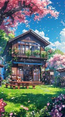 Fototapeta premium A charming two-story house with a lush garden, blooming flowers, and wooden furniture under a clear blue sky, evoking a serene and inviting atmosphere