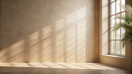 Obraz premium Sunlight streaming through a window casts geometric shadows on a beige wall and wooden floor