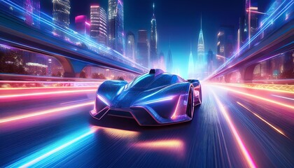 Fototapeta premium A futuristic car races through a vibrant neon cityscape, illuminated by colorful lights against a backdrop of skyscrapers.