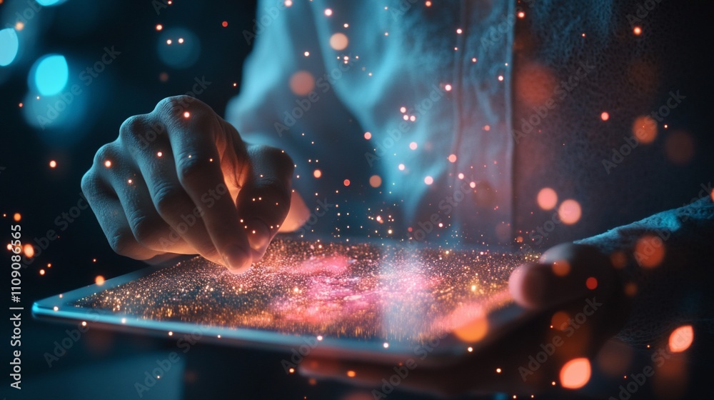 Poster hands interacting with glowing tablet screen, futuristic technology concept.