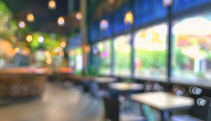 Cozy Café Vibes. The Beauty of a Modern Restaurant Interior Captured in Soft Bokeh, Highlighting Warm Lighting, Inviting Ambiance, and a Vibrant Blend of Colors for Design Inspiration