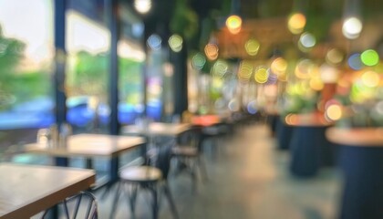 Fototapeta premium Cozy Café Vibes. The Beauty of a Modern Restaurant Interior Captured in Soft Bokeh, Highlighting Warm Lighting, Inviting Ambiance, and a Vibrant Blend of Colors for Design Inspiration