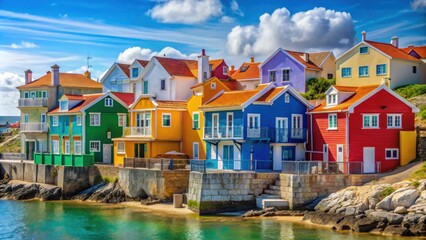 Obraz premium Vibrant and colorful houses lining the streets of Peniche fishing village in Portugal, Portugal, Peniche, fishing village