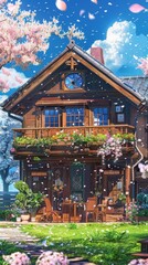 Fototapeta premium A charming two-story house with a lush garden, blooming flowers, and wooden furniture under a clear blue sky, evoking a serene and inviting atmosphere