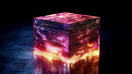 A 3D cube with glowing interior layers, symbolizing data storage and complexity