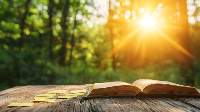 Open book with sticky notes in a sunlit forest setting