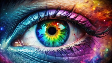 Fototapeta premium Vibrant galaxy of colors within a human eye pupil, eye, mesmerizing, galaxy, swirling, vibrant, colors, cosmic, beauty