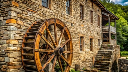 Obraz premium Close-up of an old stone wooden mill, rural, vintage, historic, traditional, traditional architecture, countryside, rustic