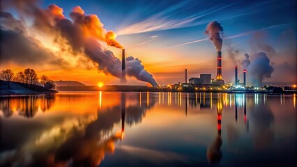 Fototapeta premium Melancholic industry landscape with back lit orange smoke from chimney at night, reflected in water, melancholic