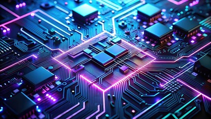 Fototapeta premium Close-up futuristic electronic circuit board with glowing purple and blue elements on dark background , technology, future