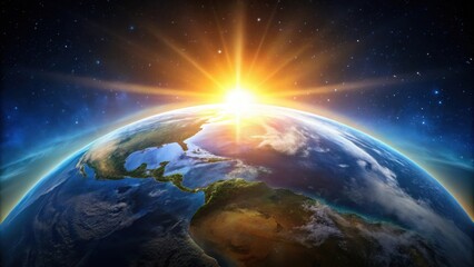 Obraz premium Earth rise rotation from night to day side with rising sun on horizon, Earth, planet, sunrise, rotation, horizon, sunlight
