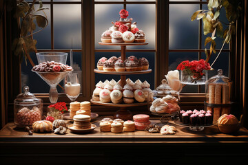 Fototapeta premium Bakery window display with tempting treats on view.