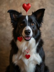 Fototapeta premium Valentine's Day Border Collie with heart decorations.