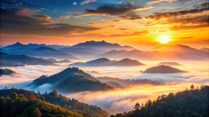 Obraz premium Sunrise over misty mountain range with sun rays, serene landscape, sunrise, mist, mountain, sun rays, serene, landscape