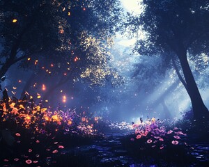 Enchanted forest path at twilight.  Glowing flowers and mystical blue fog create a magical atmosphere. Perfect for fantasy, fairytale, and nature themes.