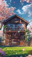 Obraz premium A charming two-story house with a lush garden, blooming flowers, and wooden furniture under a clear blue sky, evoking a serene and inviting atmosphere
