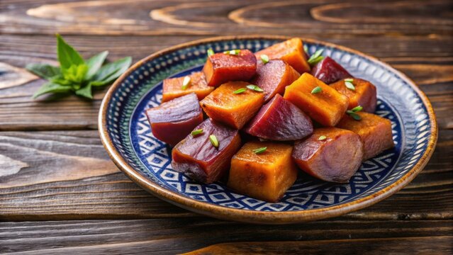 Traditional Japanese candied sweet potatoes, known as Daigaku imo, on a decorative plate with a wooden background, Japanese