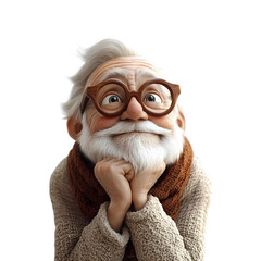 A 3D cartoon style old man with a thoughtful expression, resting his chin on his hand as he looks upwards, as if deep in thought. The transparent background keeps the focus on his questioning demeanor