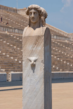 Athens, Greece / April 2025: The Hermes columns at The Panathenaic stadium, Kallimarmaro
