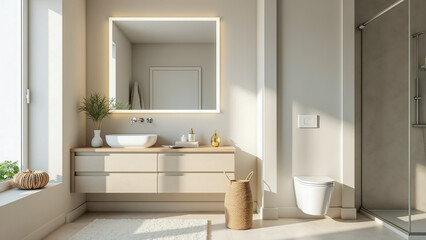 Fototapeta premium Modern Minimalist Bathroom with Elegant Vanity and Natural Light