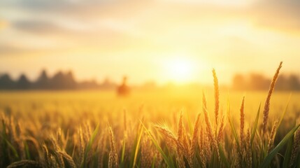 Fototapeta premium Golden wheat fields bask in the warm glow of a sunset, creating a serene rural landscape, This image is ideal for agricultural themes, harvest promotions, or nature-related content,