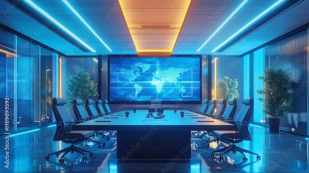 Poster futuristic conference room with a large screen displaying a world map, illuminated by blue and orang