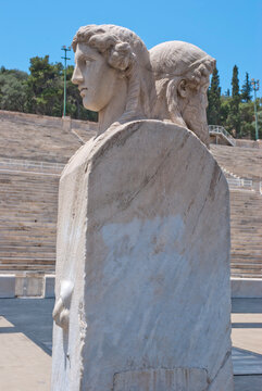 Athens, Greece / April 2025: The Hermes columns at The Panathenaic stadium, Kallimarmaro