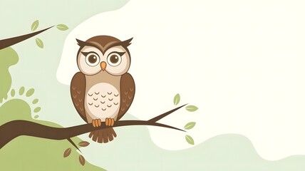 Cartoon Illustration of an Owl Perched on a Tree Branch 