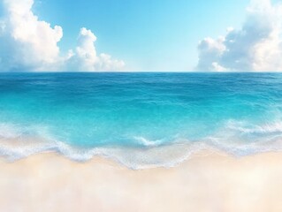 Obraz premium A serene beach scene with turquoise waters gently lapping at a sandy shore under a bright blue sky dotted with fluffy clouds, perfect for travel ads, relaxation themes, or nature-related content,