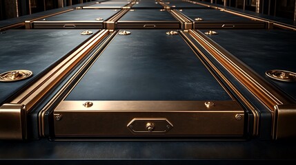 Dark metallic panels with gold accents, arranged in rows, showing texture and detail.