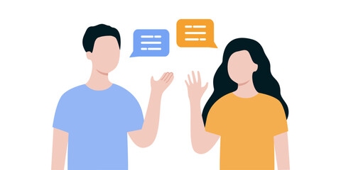 Man and woman talking. Team colleagues discussing at workplace. Business, communication, teamwork, project, relationship concept. Flat people character vector design illustration.