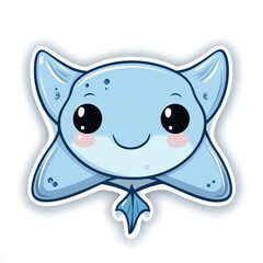 Cute cartoon stingray character, stylized illustration of a smiling, light-blue stingray with large eyes and soft features, sticker design.