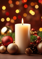 Christmas Candle Against Festive Decor Background