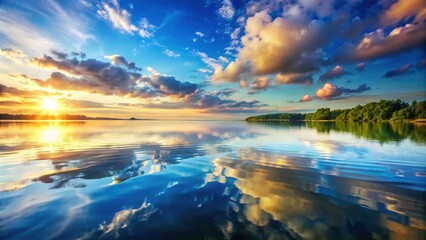 Fototapeta premium Tranquil image of water surface with vibrant reflections, serenity, peaceful, tranquility, reflection, ripples, lake, ocean, nature