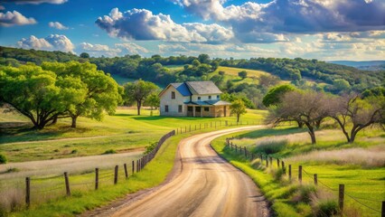 Fototapeta premium Picturesque country road with a house in the background against rolling hills of Marble Falls, Texas , country road