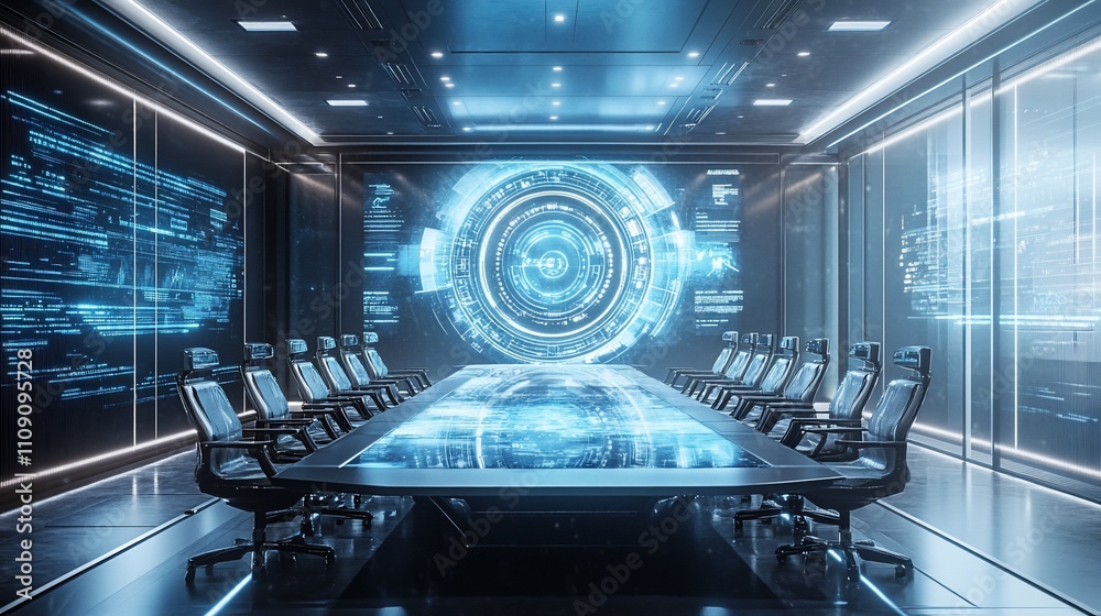 Poster futuristic conference room with holographic display and interactive table.
