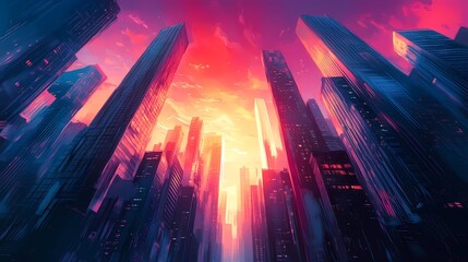 Fototapeta premium Depict an abstract cityscape with towering skyscrapers and flowing gradients that create an illusion of depth