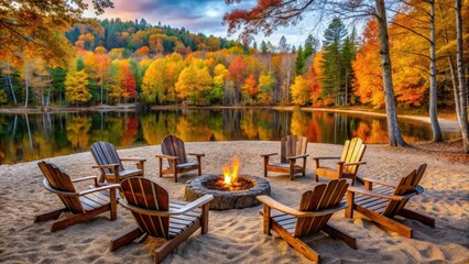 Fototapeta premium Cozy beach fire pit surrounded by Adirondack chairs near an autumn forest, cozy, beach, fire pit, bonfire, Adirondack chairs