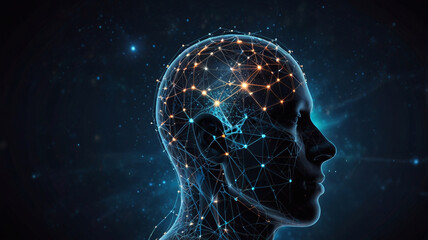 Obraz premium Silhouette of a head with a network of glowing neural connections against a cosmic background. Ideal for concepts of neuroscience, artificial intelligence, and futuristic technology