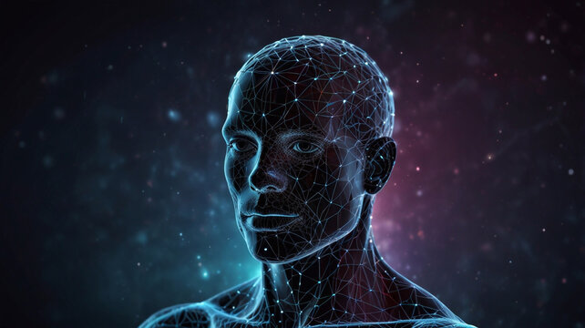 Silhouette of a head with a network of glowing neural connections against a cosmic background. Ideal for concepts of neuroscience, artificial intelligence, and futuristic technology