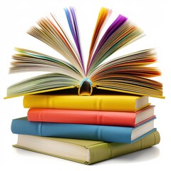 Naklejka premium Colorful open book on top of stacked books, perfect for educational materials, reading promotion, or literary themes, Ideal for websites, blogs, and advertisements related to books or learning,